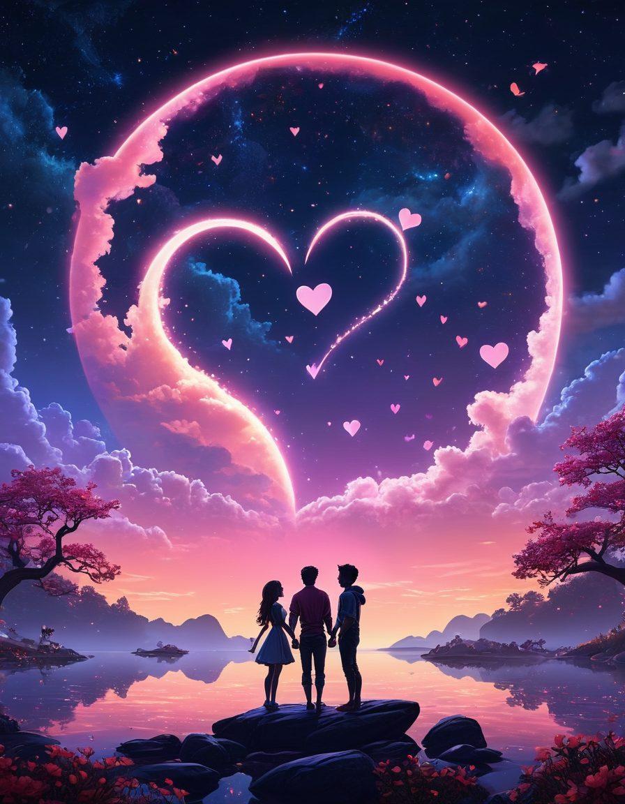 A dreamy night sky backdrop with twinkling stars and a glowing full moon. Two animated avatars, a male and a female, holding virtual hands and gazing into each other's eyes, surrounded by floating heart icons. In the background, screens of various romantic online game interfaces and playful Cupid characters shooting arrows. vibrant colors. super-realistic.