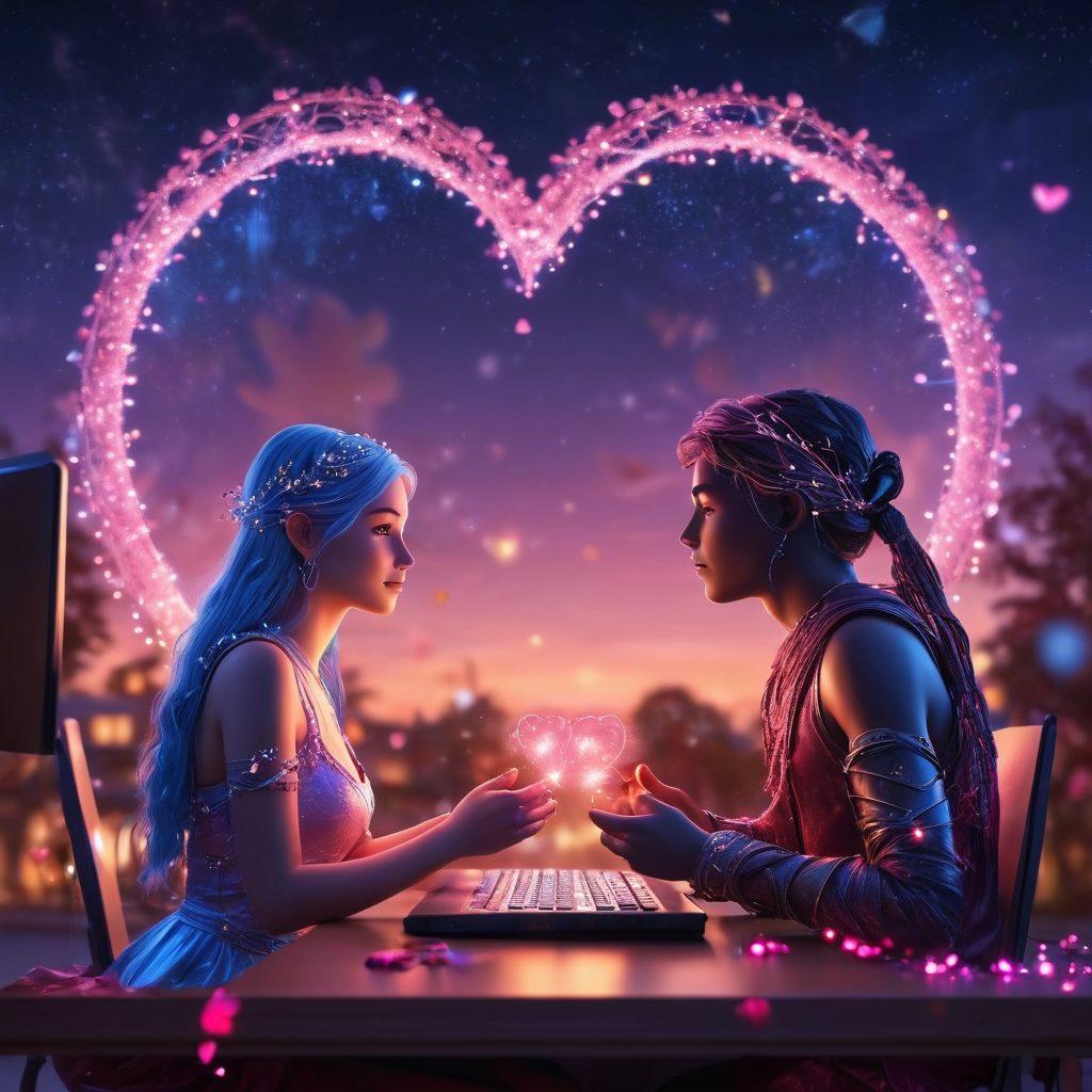 A whimsical, enchanting night scene with two avatars playing games on separate computers connected by a glowing heart-shaped network, under a starlit sky with a full moon. Surrounding them are fairy lights, rose petals, and digital sparkles symbolizing love and romance. Illustrative, vibrant colors, fantasy style.