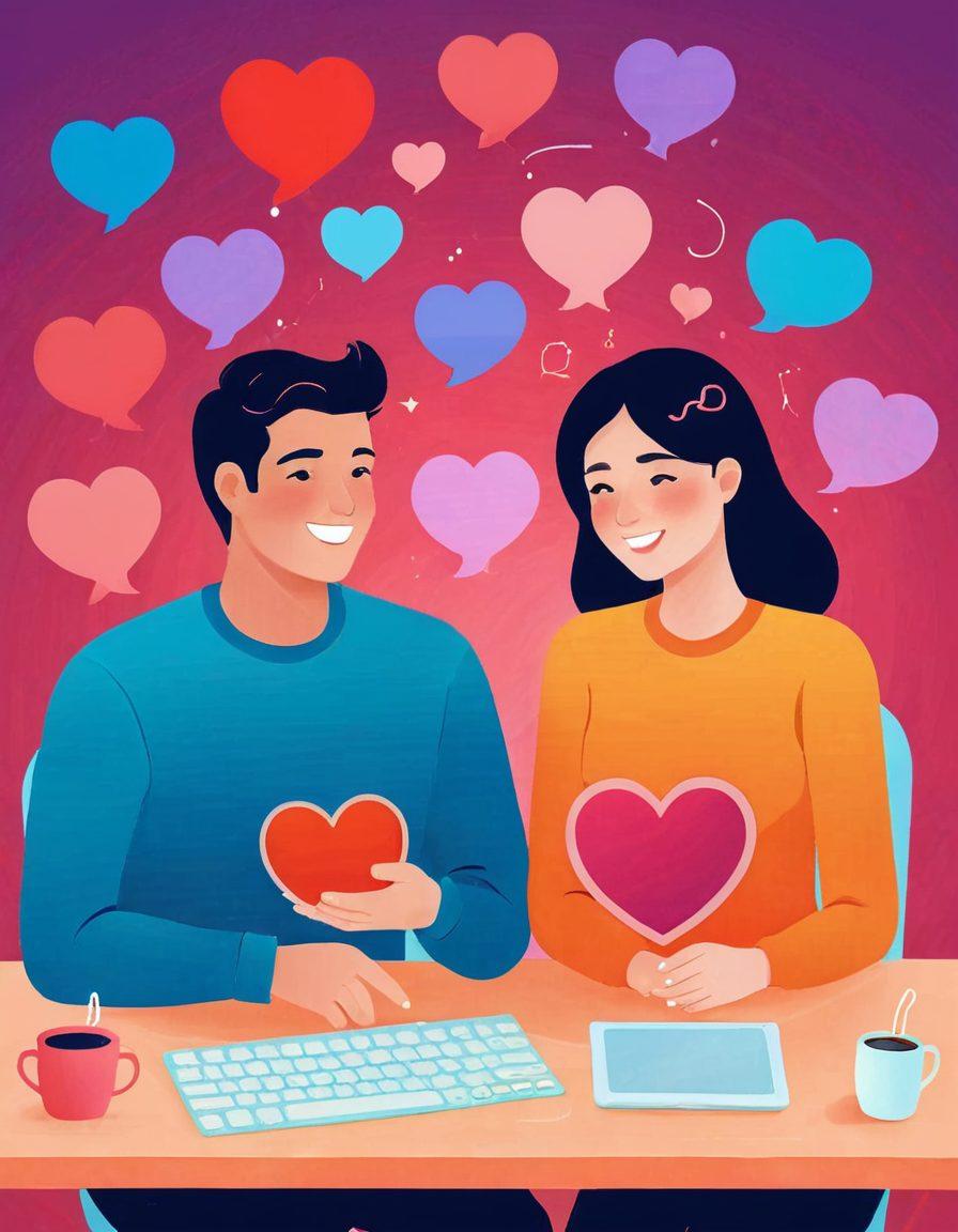 A couple sitting in front of their computers, each with a smile and holding a heart icon on the screen. The background features interconnected digital hearts and chat bubbles, symbolizing love and communication. Soft, romantic colors with a warm, inviting glow. Vector art. Vibrant colors.